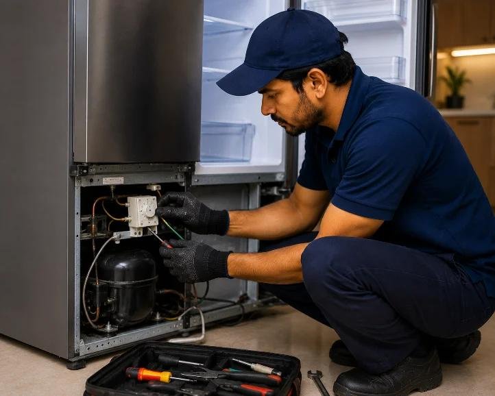 Technician servicing a split AC unit